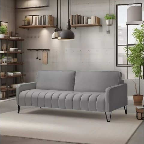 Sofá Living Savana 3 Lugares C/ Pé de Ferro Preto 2,20 Mts Veludo Cinza - Espuma D-28