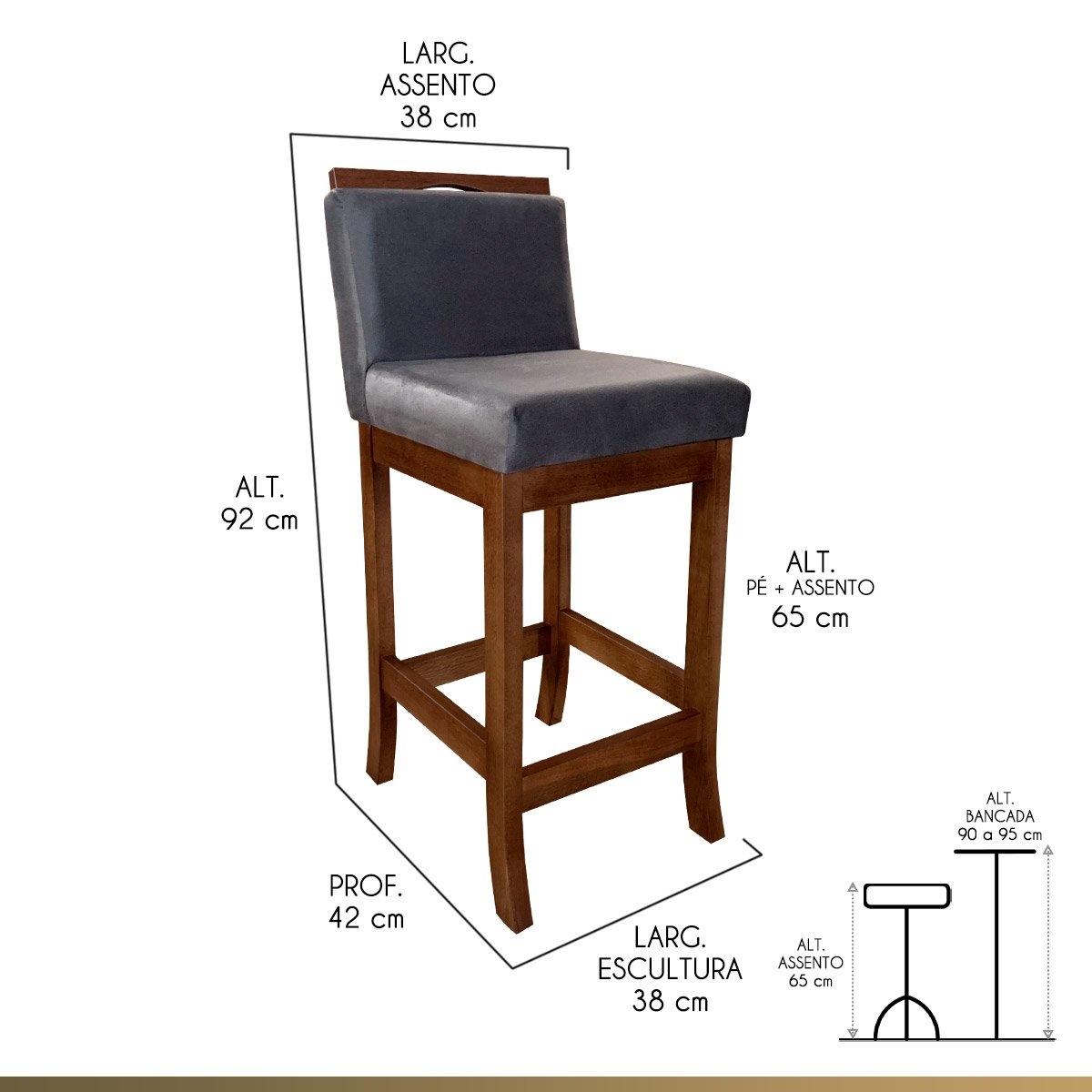 Kit 2 Banquetas Médias Estofada para Cozinha Gourmet 38x92 Cm Turim Madeira Maciça Suede Cinza CCS - 2