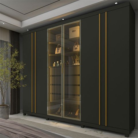 Guarda-Roupa Casal Valenza 6 Portas 4 Gavetas 100% MDF com LED e Vidro Grafite - Pnr Móveis