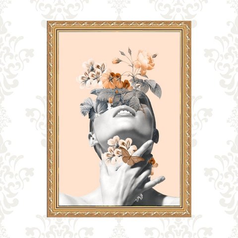 Quadro Moldura Dourada Mulher Flores Rosê 45x34cm:com Vidro