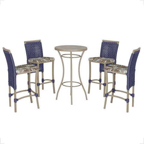 Mesa Bistrô e 4 Banquetas Roma Fendi Corda Estofado 6 Trama Azul