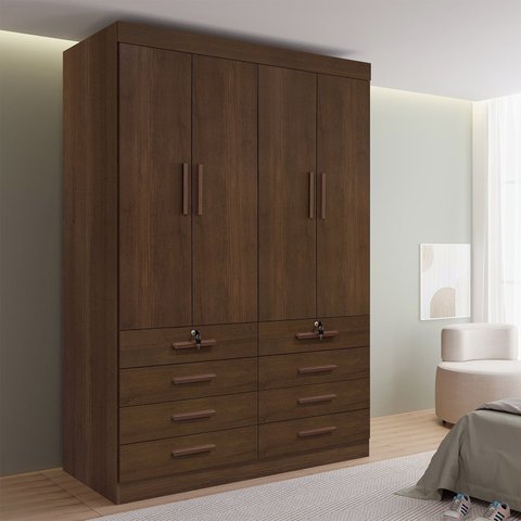 Guarda-Roupa Solteiro MDF 4 Portas 8 Gavetas Marselha Plus Marrom/Castanho