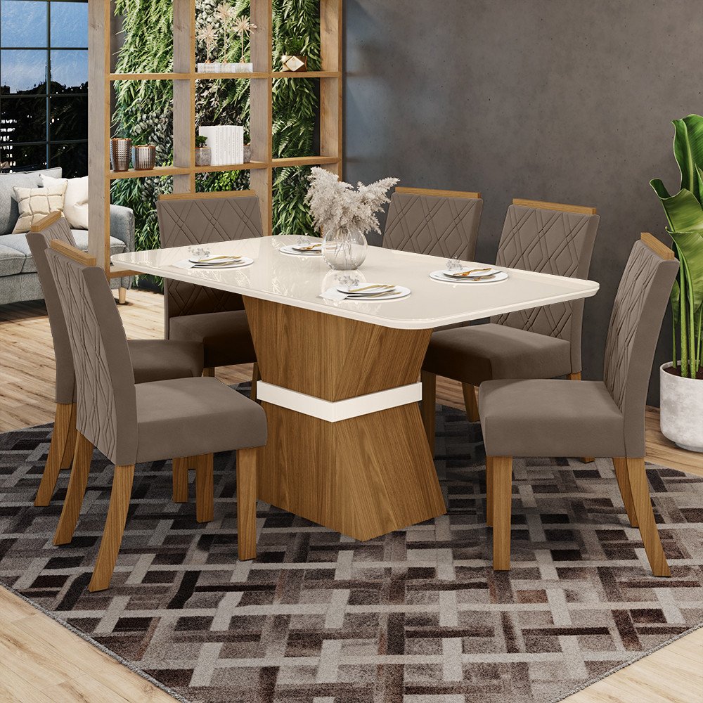 Conjunto Sala De Jantar Tampo Mdf/vidro 8 Cadeiras Nola Nature/off  White/marrom