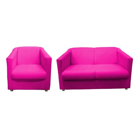 Kit Namoradeira + 1 Poltrona Decorativa Biane Couro Rosa Pink Pés Cromado Ms Decor