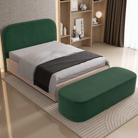 Cabeceira Cama Box Casal 140cm Lanna com Puff Recamier Doha W01 Couríssimo Verde - Lyam Decor