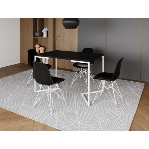 Mesa Industrial Base Ferro Branco em  V  Tampo 137x90 Preto 4 Cadeiras Eames Assento Preto Ferro Bra