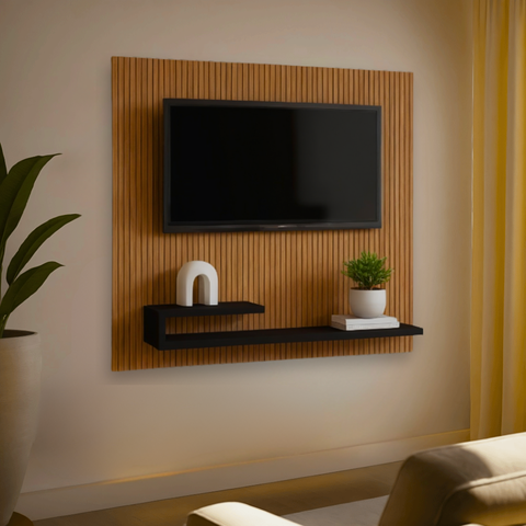 Painel Decorativo Ripado com Preto com Prateleira P/ Tv até 32" Estilo Moderno Design Minimalista
