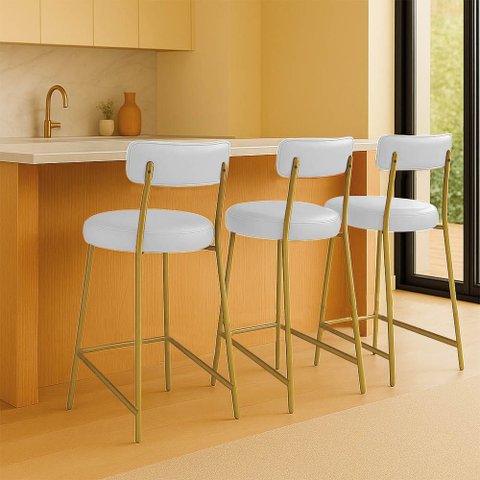 Banqueta Cozinha Alta com Encosto Industrial Dourado Kit 3 Londres Pu D03 - D'Rossi