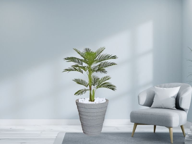 Planta Artificial Árvore Palmeira Areca 1,1m kit + Vaso Redondo D. Grafiato Cinza 40cm - 2