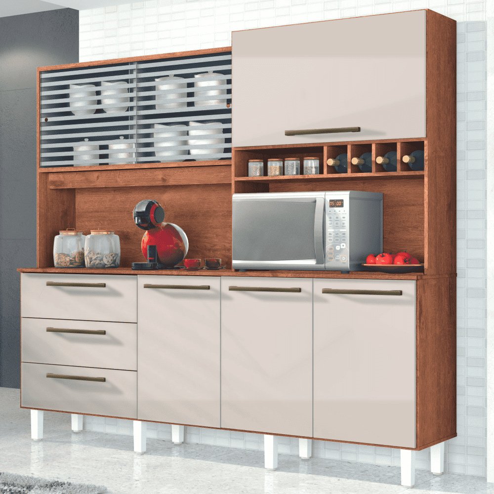 Cozinha Compacta Com Armário Mega 6 Portas 3 Gavetas - Zanzini:Natura/Off-White - 1