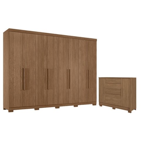 Guarda Roupa Casal 8 Portas 4 Gavetas Master New com Pés e Cômoda Pinhais Jatobá Acetinado