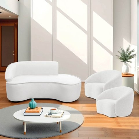 Kit Divã Recamier Orgânico Marrocos 200cm Lado Direito e 2 Poltronas Amore Bouclé Branco