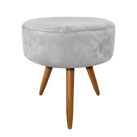 Puff Banqueta Redonda Nina Veludo Cinza Pés Palito Castanho - Slk Decor
