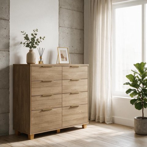 Cômoda Luxo Doha Infinity 8 Gavetas Telescópica Madeira Design Moderno Puxadores Dourados Quarto Ele