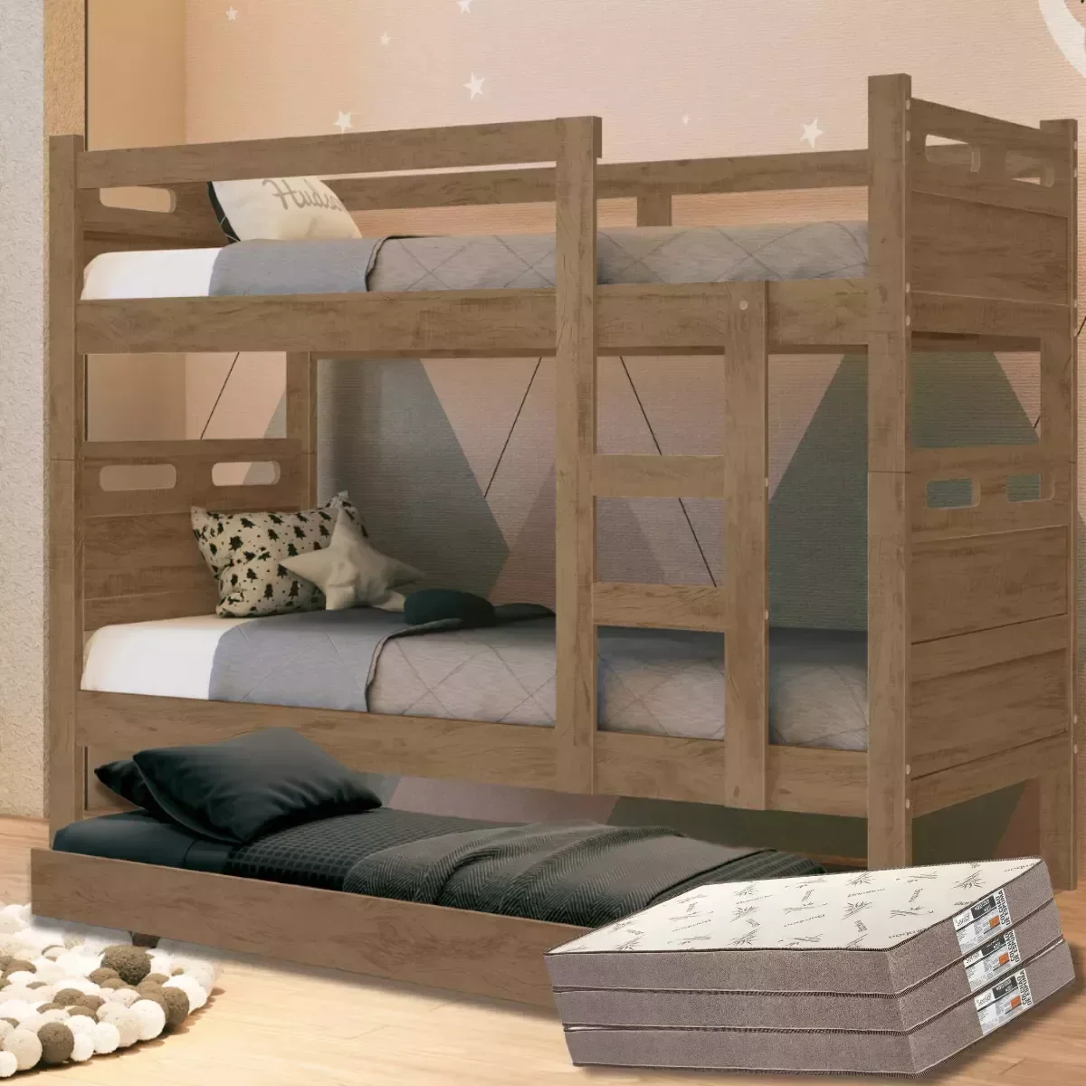Beliche Jaspe com Cama Auxiliar 03 Colchões D33 Cor:castanho