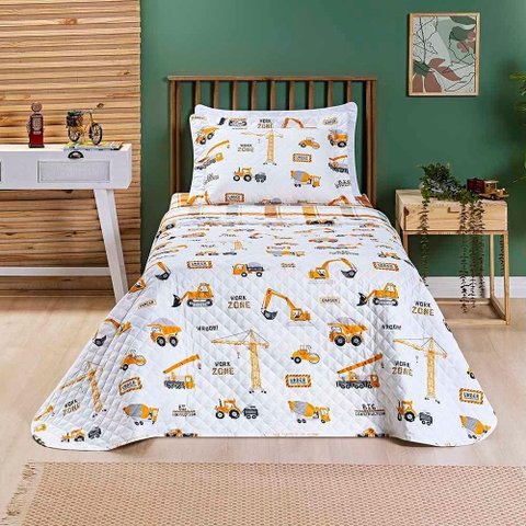 Kit Cobre Leito Colcha Joy Kids Solteiro Infantil 2 Peças Micropercal 200 Fios - Manny Trator - 100