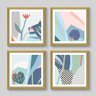 Conjunto de 4 Quadros Abstrato Floral Geométrico - 4 Quadros 20x20cm - Moldura Padrão Madeira - 1