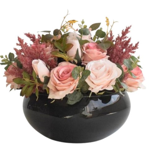Arranjo de Flores Rosas Artificiais Delicadas Vaso Preto