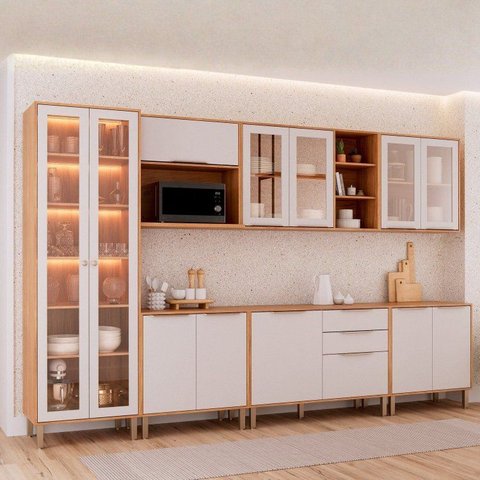 Cozinha Modulada 7 Peças Brilhante 1 Cristaleira 3 Balcões 3 Armários Aéreo Cinamomo/Off White