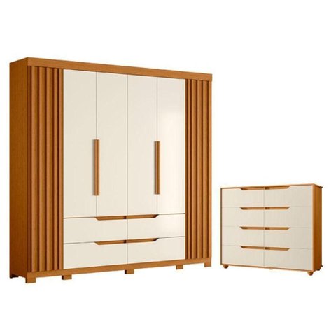 Kit Guarda Roupa 6 Portas Cômoda 8 Gavetas MDP Off White Albatroz Móveis