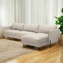 Ver imagem 1 de Sofá Decorativo Karine 5 Lugares Sala de Estar 300cm com Chaise Pés em Aço Couro Bege G88 - Gran Bel