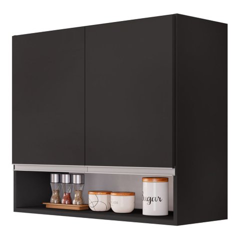 Armário Aéreo Multiuso Lux 80cm 100%mdf 02 Portas com Nicho Integrado Preto - Abmaza