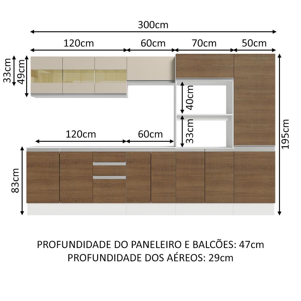 Armário de Cozinha Completa 100% MDF 300cm Branco/Rustic/Crema Smart Madesa 02 - 4