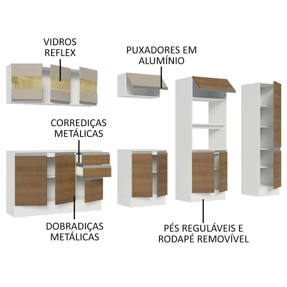 Armário de Cozinha Completa 100% MDF 300cm Branco/Rustic/Crema Smart Madesa 02 - 5