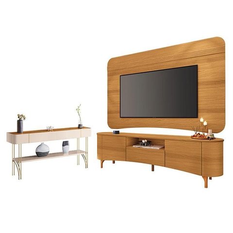 Rack Bancada Elara e Painel Armony Cinamomo com Aparador Vivant Off White Cinamomo - Hb Móveis