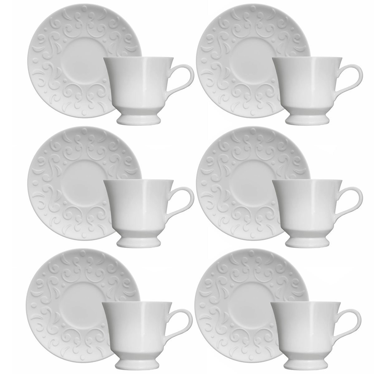 Conjunto 6 Xícaras de Chá com Pires 80ml Porcelana em Relevo Tassel Germer Branco - 1