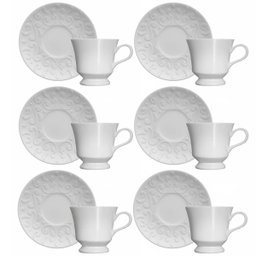 Conjunto 6 Xícaras de Café com Pires 80ml Porcelana em Relevo Tassel Germer Branco - 1