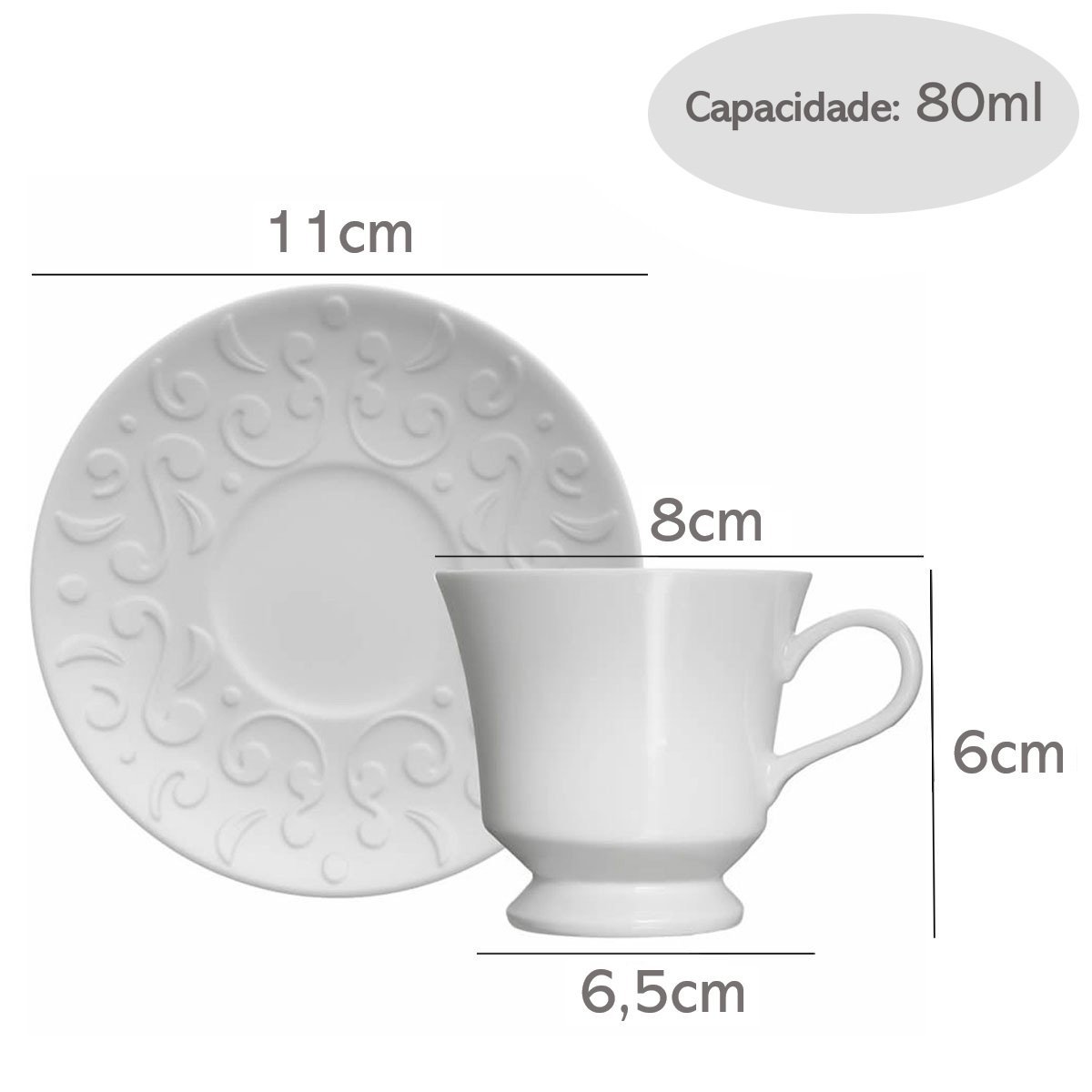 Jogo de Xícaras para Chá com Pires em Porcelana Fio de Ouro - 80ml