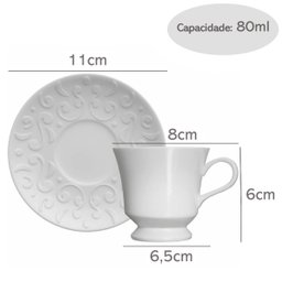 Conjunto 6 Xícaras de Café com Pires 80ml Porcelana em Relevo Tassel Germer Branco - 3