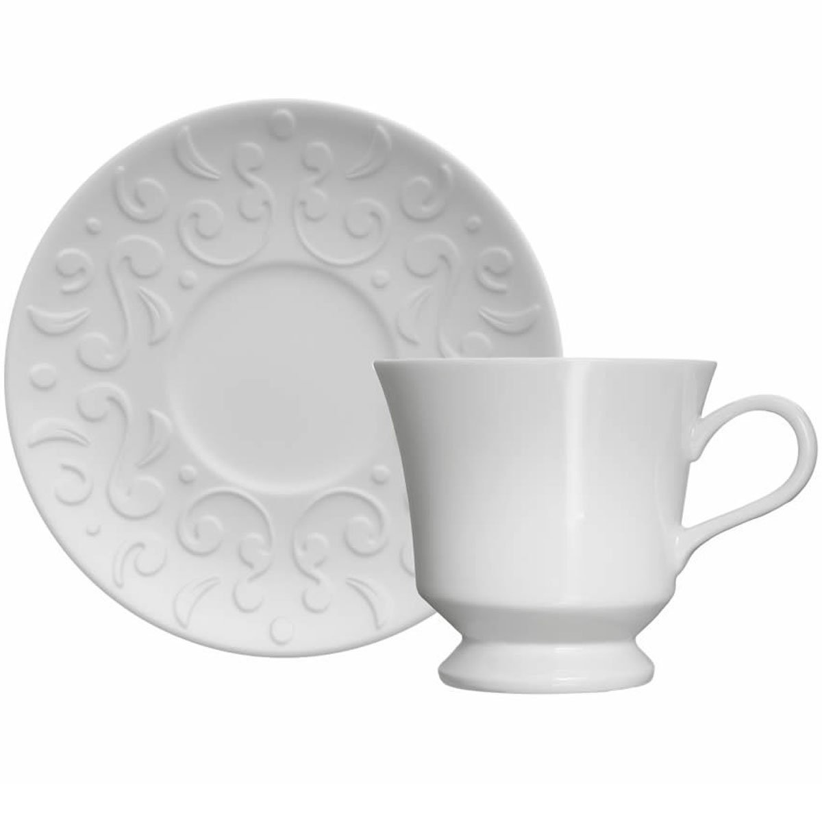 Conjunto 6 Xícaras de Chá com Pires 80ml Porcelana em Relevo Tassel Germer Branco - 6