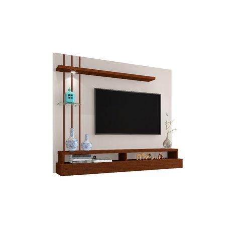 Painel Tv Eros 55 Polegadas 135x160cm Led Prateleira Vidro Nichos:offwhite/canela