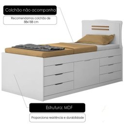 Cama Cômoda Solteiro Florença com 7 Gavetas - Branco Fosco - 3