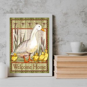 Quadro Country Patinhos Welcome Home 24x18cm:madeira Branca