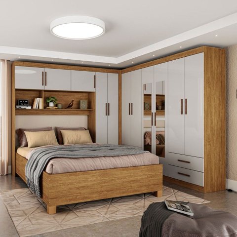 Guarda-roupa Casal Modulado com Cama Amazzonite 11 Portas 6 Gavetas com Espelho Cinamomo/off White -