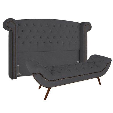 Cabeceira Cama Box Casal Queen 160cm Provença com Calçadeira Vêneto P02 Veludo Chumbo -