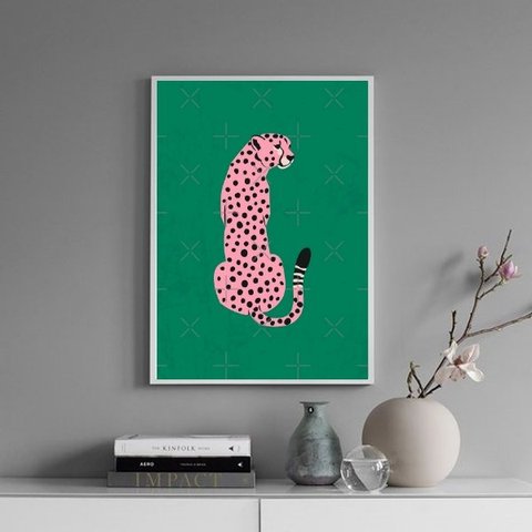 Quadro Decorativo The Pink Leopard 45x34cm:madeira Preta