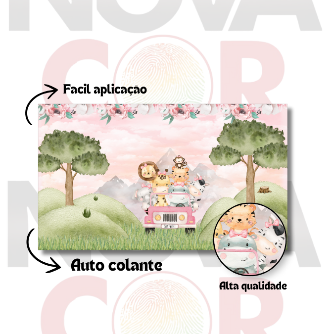 Papel de Parede Infantil Animais Safari Rosa 1m² - 2