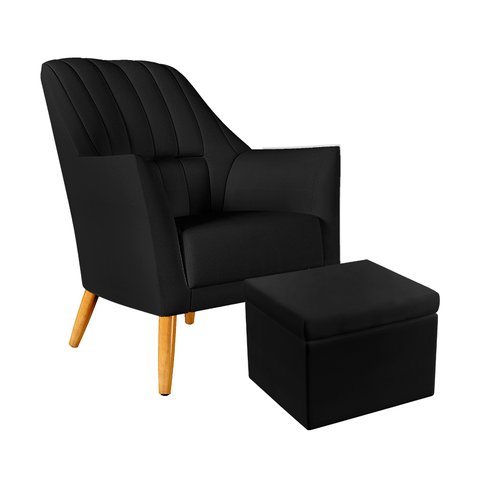 Poltrona Orion Bordada com Puff Quasar Courino Preto Aradecor