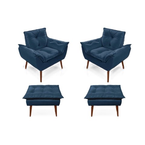 2 Poltronas Azul Marinho com 2 Puff Decorativa Confortável para Sala Quarto Recepção Suede Luxo