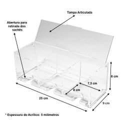 Caixa Porta Saches Chá com 3 Nichos Acrílico 5mm com Tampa Centauri Acrílicos CX-3CH - 5