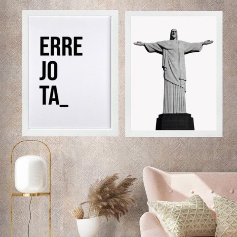 Kit 2 Quadros Rio de Janeiro - Errejota Cristo Redentor 33x24cm - com Vidro:moldura Branca