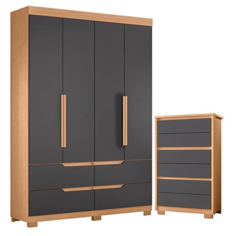Guarda Roupa Solteiro Doble 04 Portas e Cômoda Unno Freijo Titanium - Móveis Albatroz