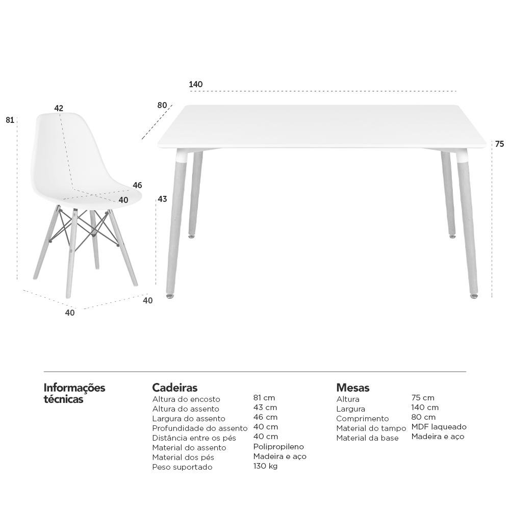 KIT - Mesa de jantar retangular Eames 80 x 140 cm branco + 4 cadeiras Eiffel DSW Roxo - 10