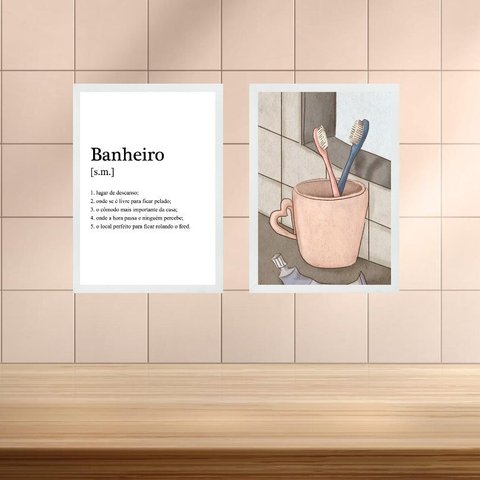 Kit 2 Quadros Banheiro Casal - Escovas de Dente 33x24cm:moldura Branca
