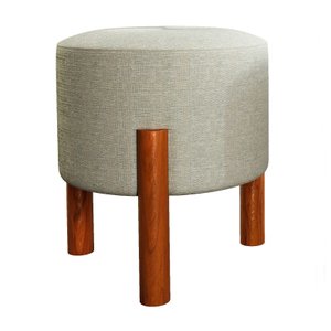 Puff Lucca Bege Pés Palito Decorativo Recepção Redondo em Linho Cru