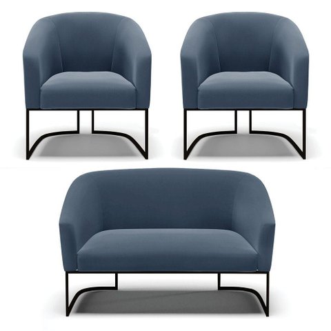 Sofá Namoradeira e 2 Poltronas Base Industrial Preto Stella Suede D03 - D'Rossi Cor Azul Marinho